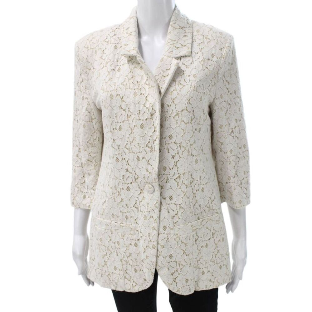 Central Park West Womens Ivory Floral Cotton Blazer 3/4 Sleeve Button Size L